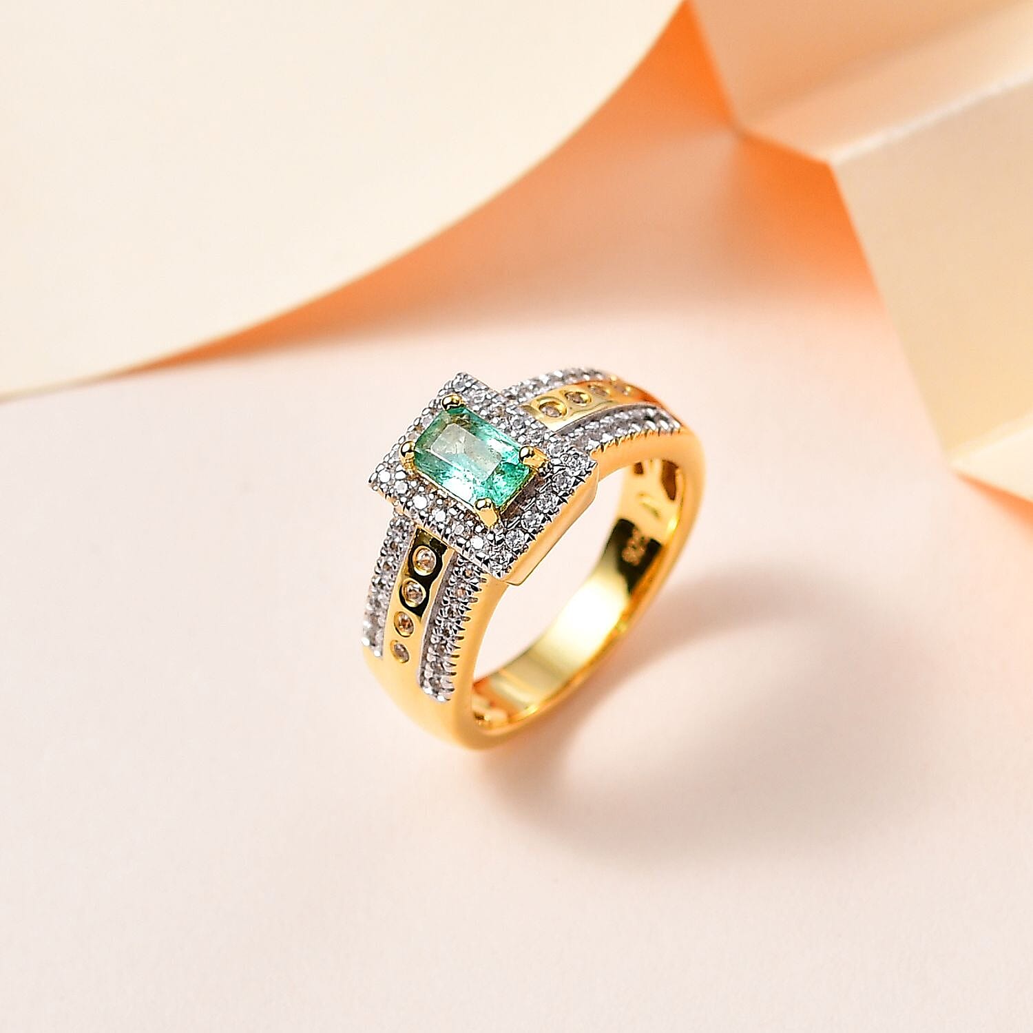 AAA Gemfields Emerald & Natural Zircon Ring in 18K Gold Vermeil Sterling Silver 1.06 Ct