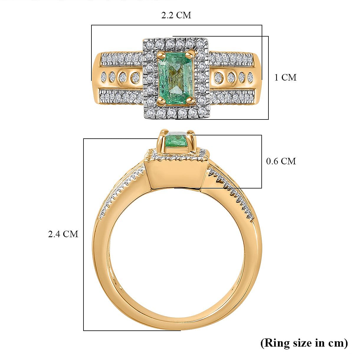 AAA Gemfields Emerald & Natural Zircon Ring in 18K Gold Vermeil Sterling Silver 1.06 Ct