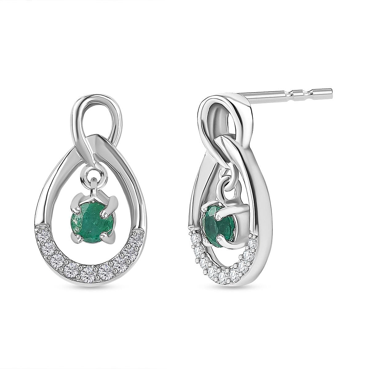 AAA Gemfields Emerald & Natural Zircon Dangle Earrings in Platinum Overlay Sterling Silver