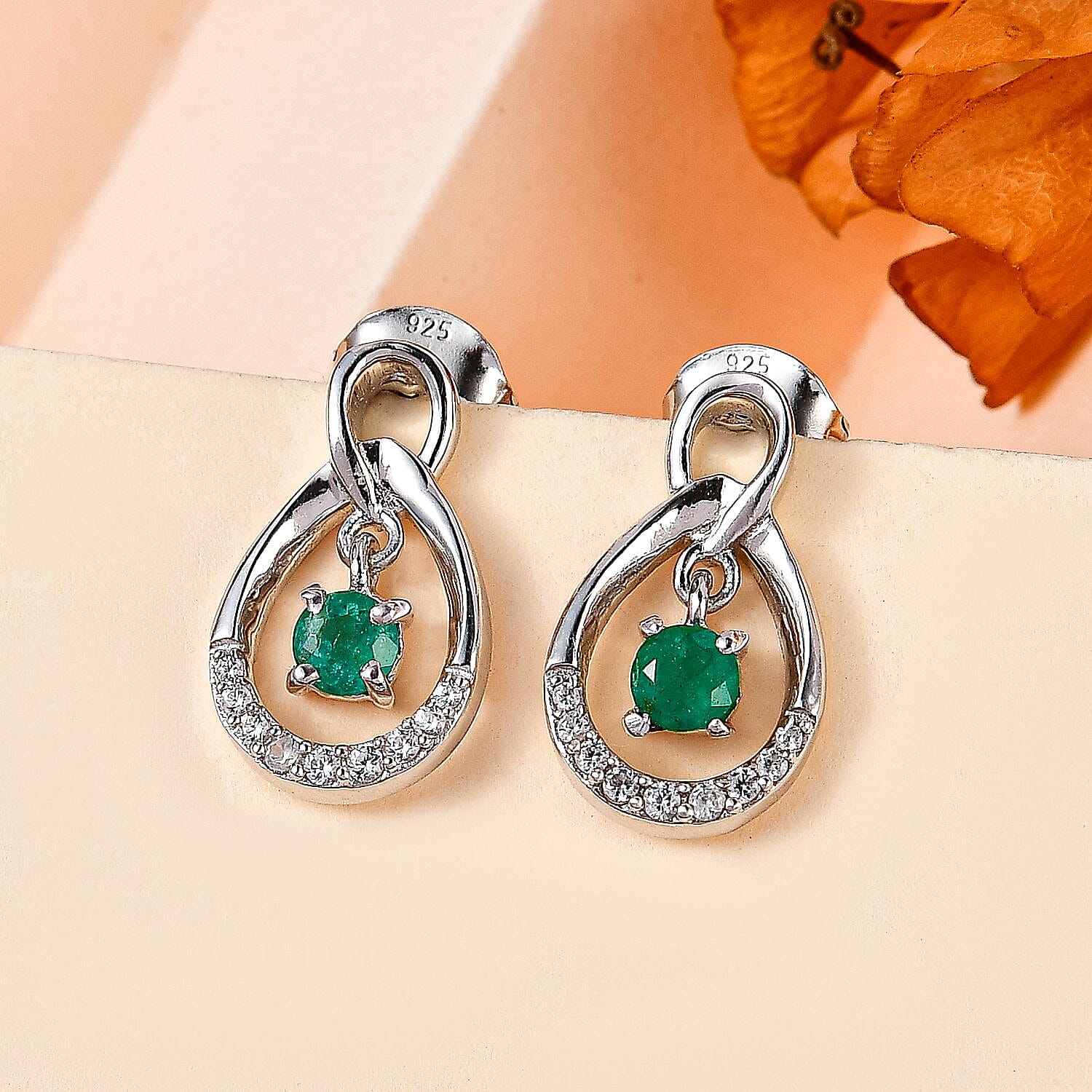 AAA Gemfields Emerald & Natural Zircon Dangle Earrings in Platinum Overlay Sterling Silver