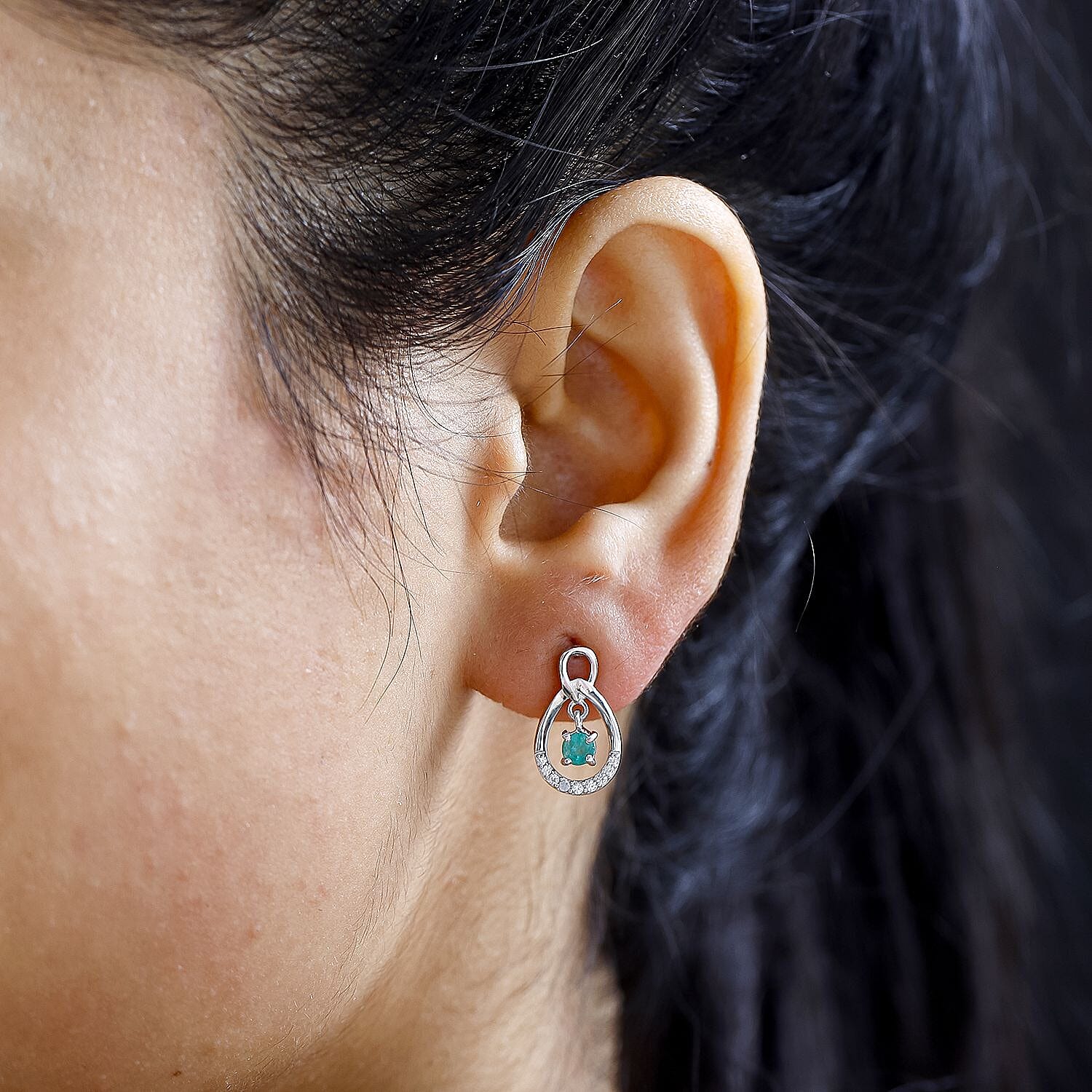 AAA Gemfields Emerald & Natural Zircon Dangle Earrings in Platinum Overlay Sterling Silver