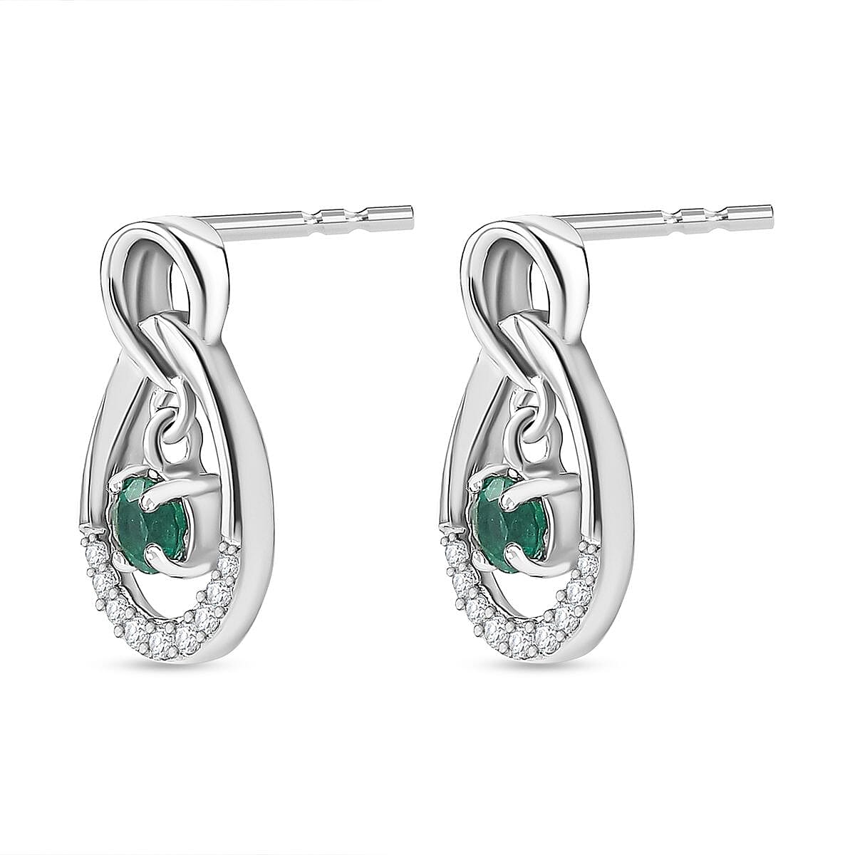 AAA Gemfields Emerald & Natural Zircon Dangle Earrings in Platinum Overlay Sterling Silver