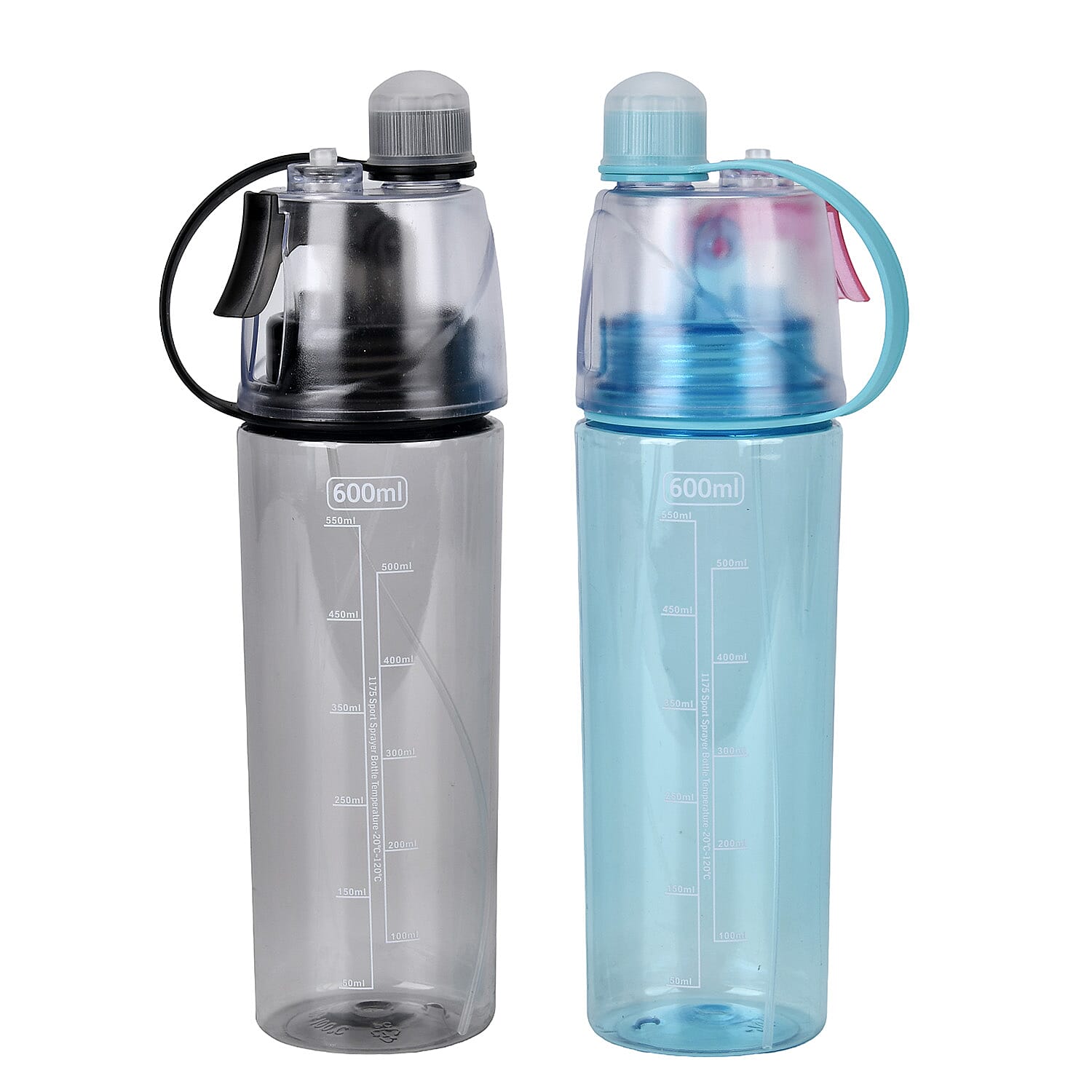 Set of 2 Fog Spraying Sports Water Bottle 600ml - Black & Blue