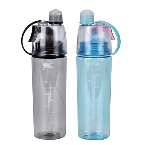 Set of 2 Fog Spraying Sports Water Bottle 600ml - Black & Blue