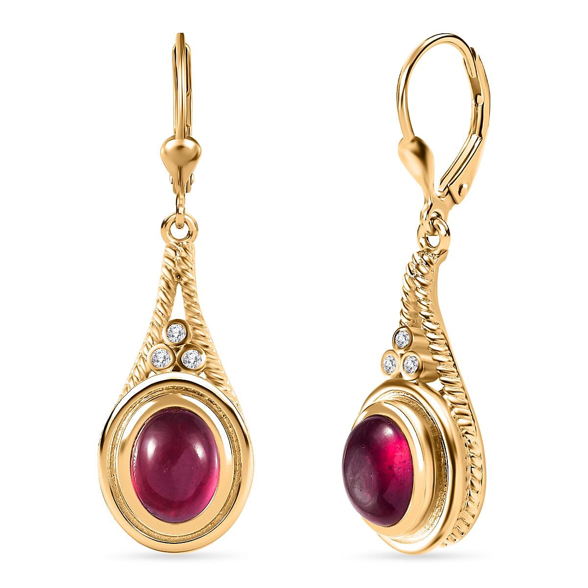 The Majestic Cabochon - African Ruby & Moissanite Dangle Earrings in 18K Vermeil YG Plated Sterling Silver 6.22 Ct