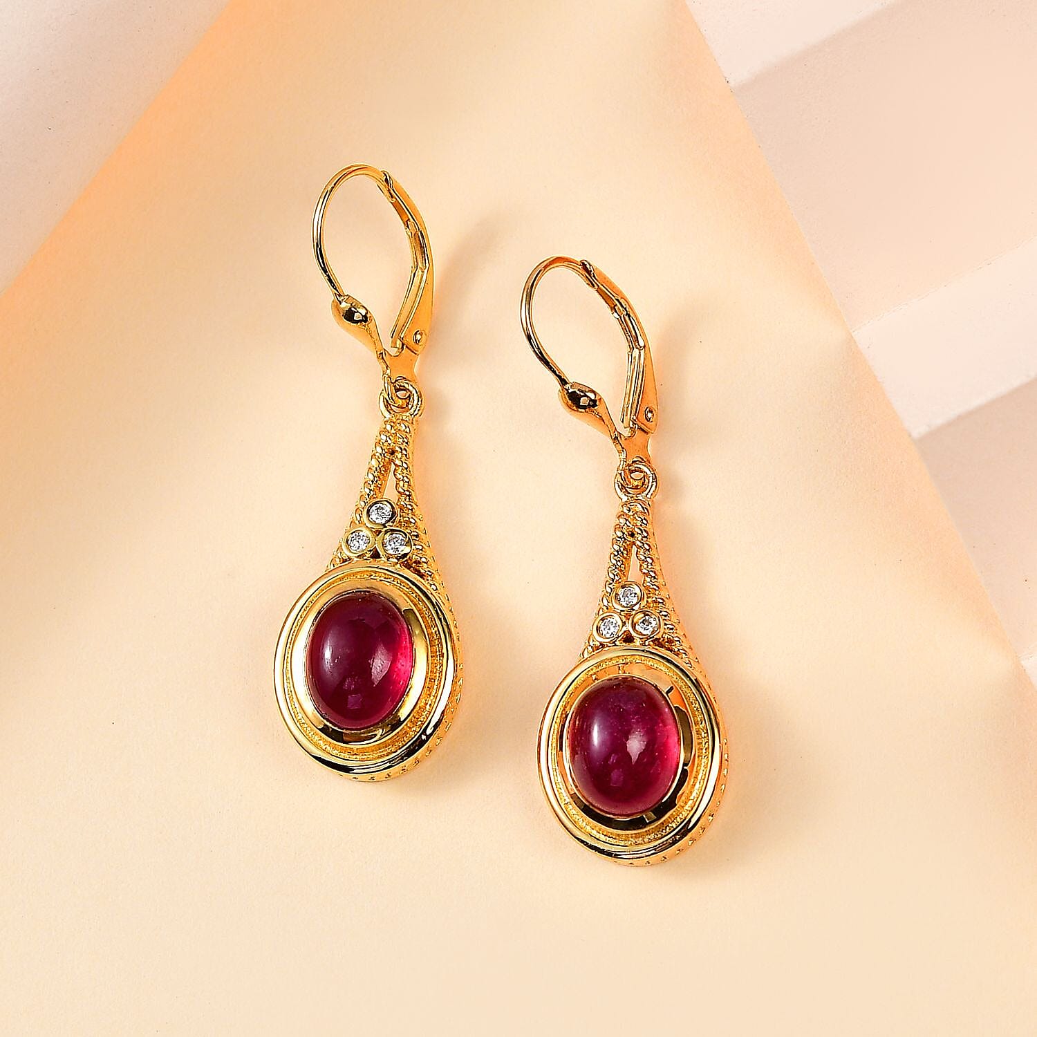 The Majestic Cabochon - African Ruby & Moissanite Dangle Earrings in 18K Vermeil YG Plated Sterling Silver 6.22 Ct