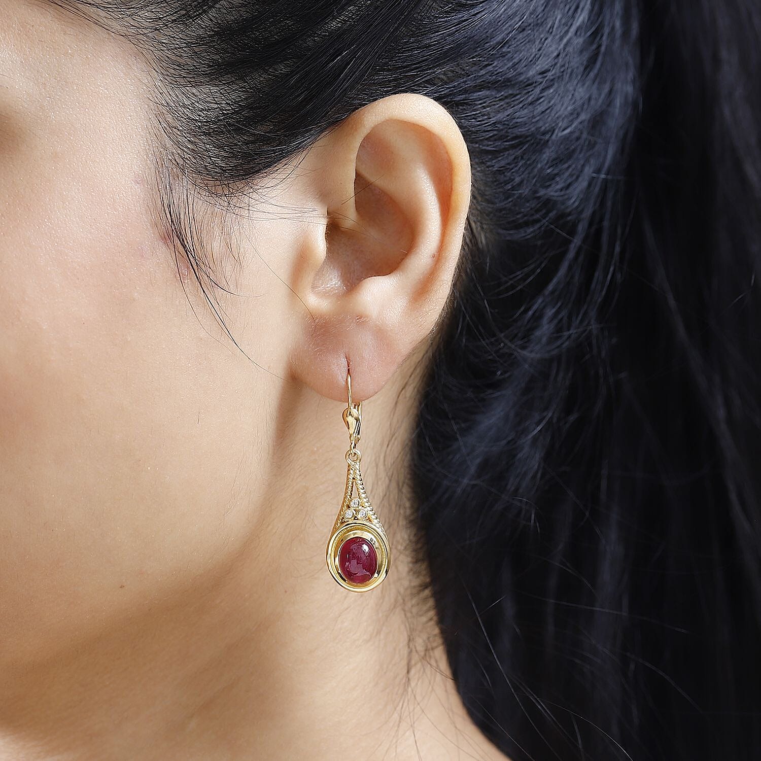 The Majestic Cabochon - African Ruby & Moissanite Dangle Earrings in 18K Vermeil YG Plated Sterling Silver 6.22 Ct