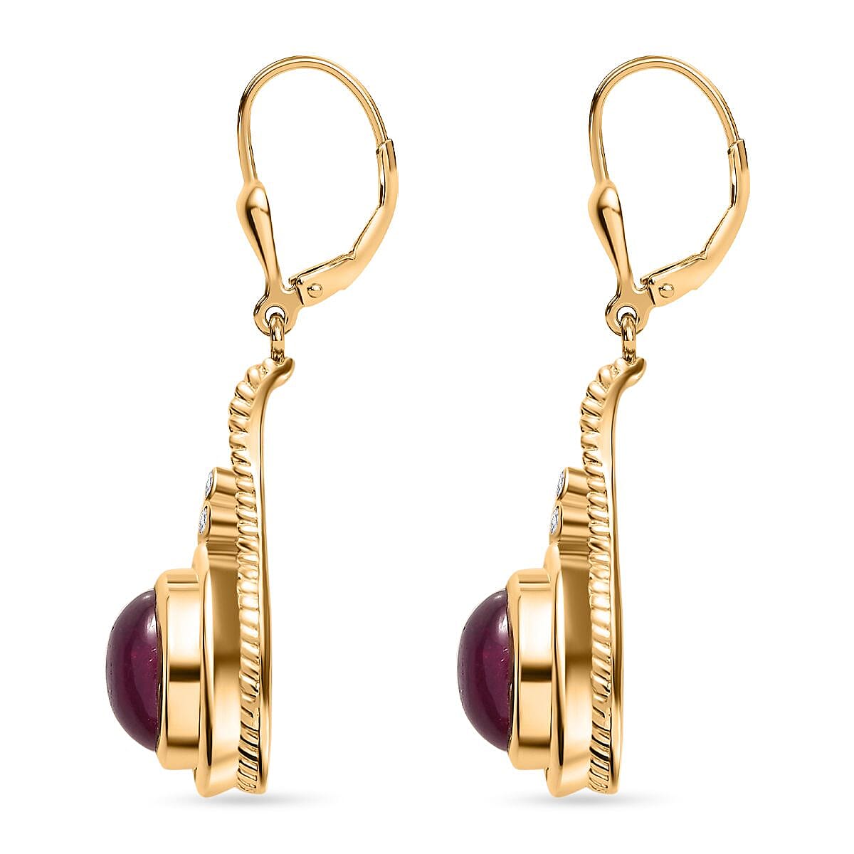 The Majestic Cabochon - African Ruby & Moissanite Dangle Earrings in 18K Vermeil YG Plated Sterling Silver 6.22 Ct