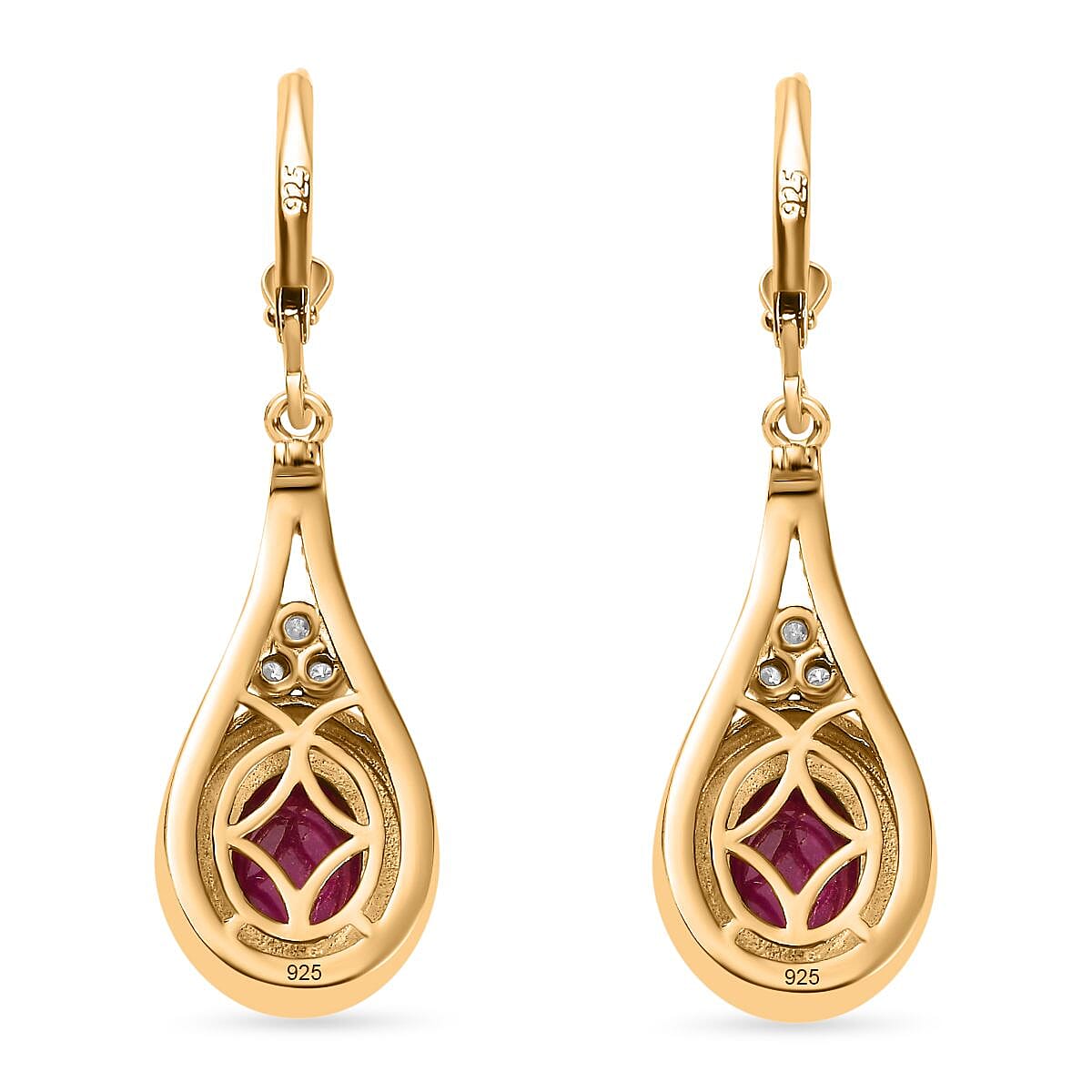 The Majestic Cabochon - African Ruby & Moissanite Dangle Earrings in 18K Vermeil YG Plated Sterling Silver 6.22 Ct