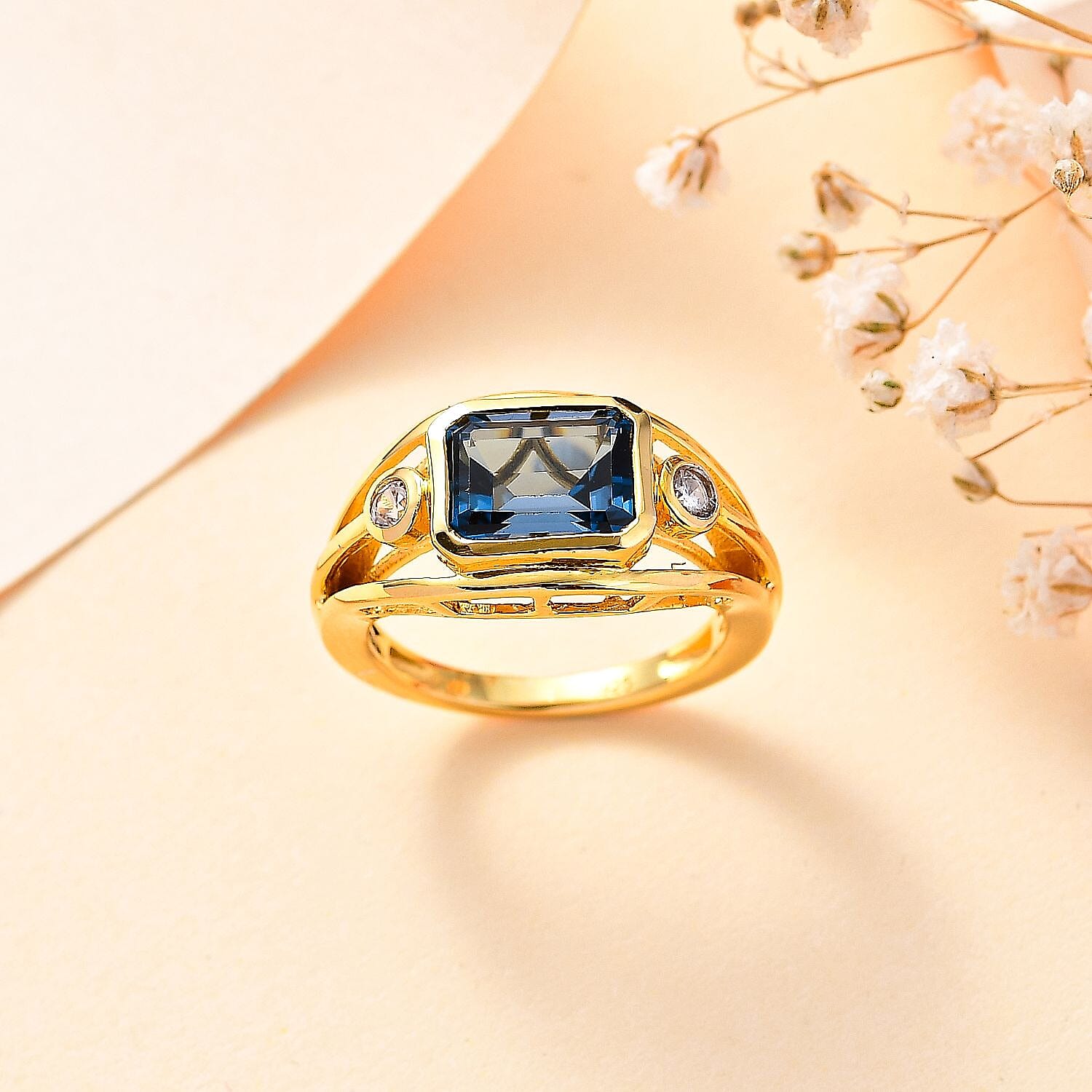 London Blue Topaz ,  White Zircon  Ring in Vermeil YG Sterling Silver 3.051  Ct.
