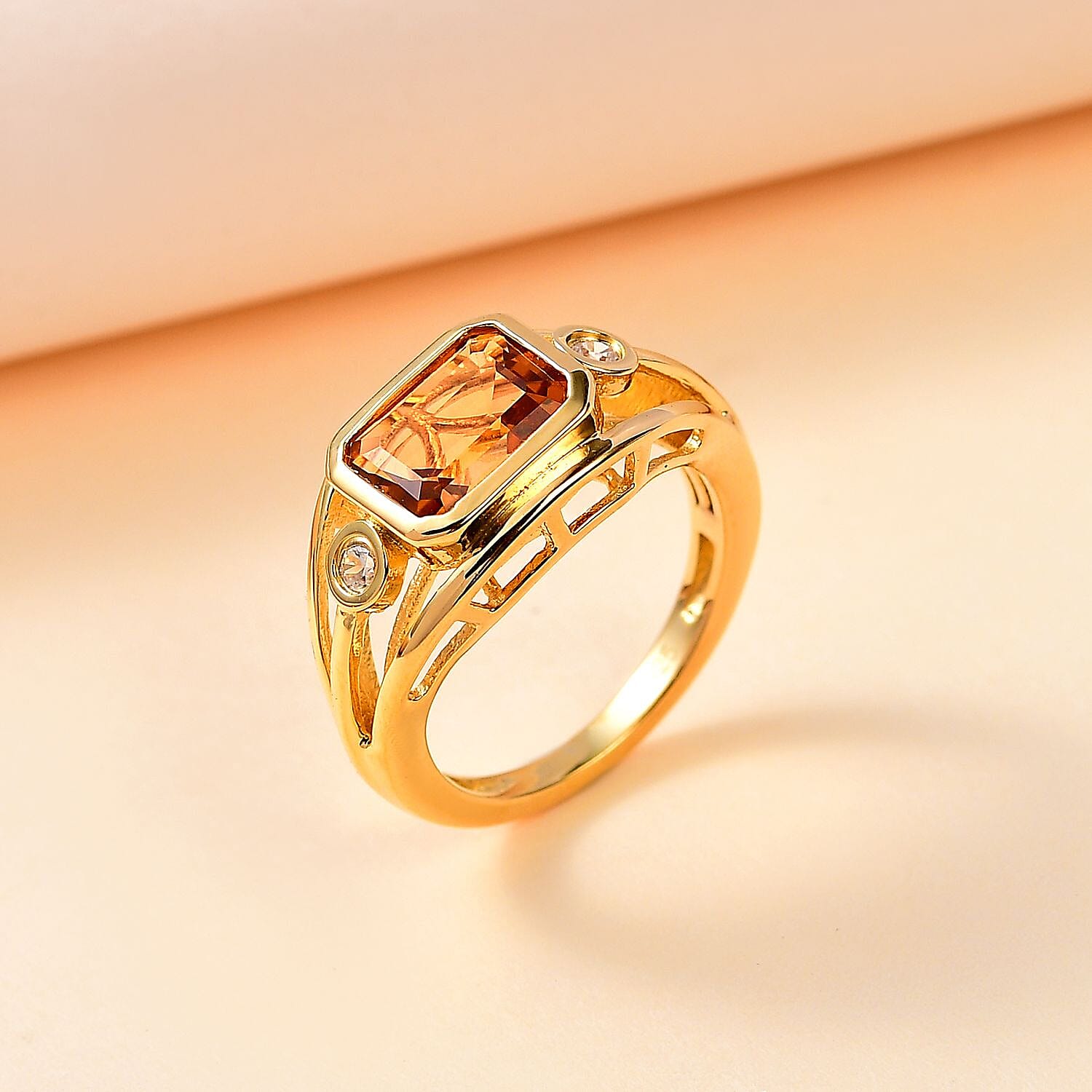 Designer Inspired Madeira Citrine and Zircon Ring in 18k Gold Vermeil Sterling Silver 2.45 Ct
