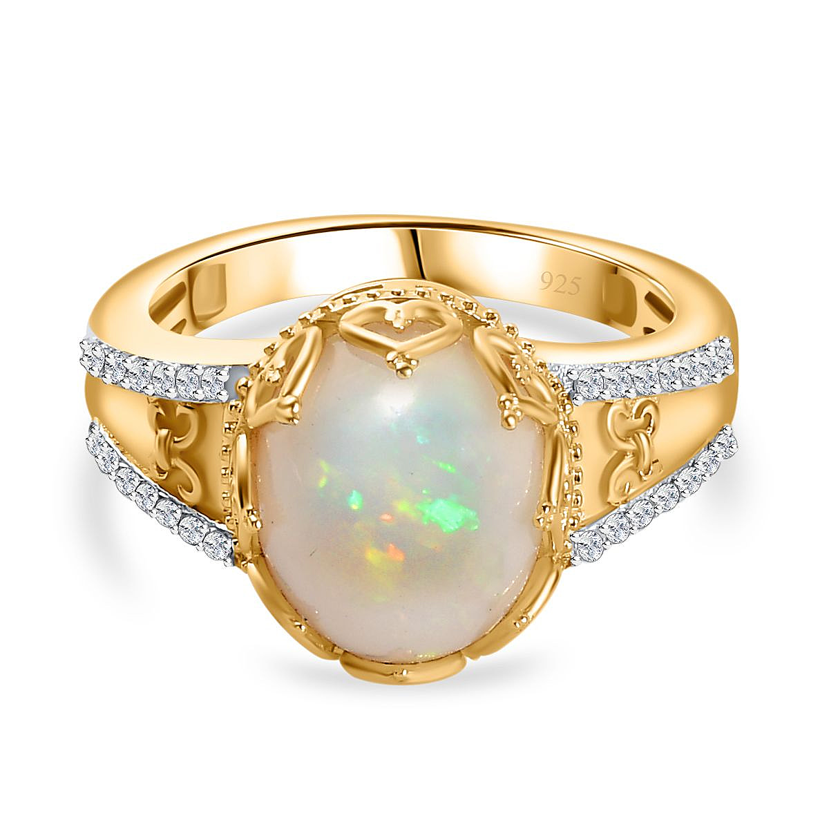 Ethiopian Welo Opal & Natural Zircon Ring in 18K Vermeil YG Plated Sterling Silver 2.41 Ct.