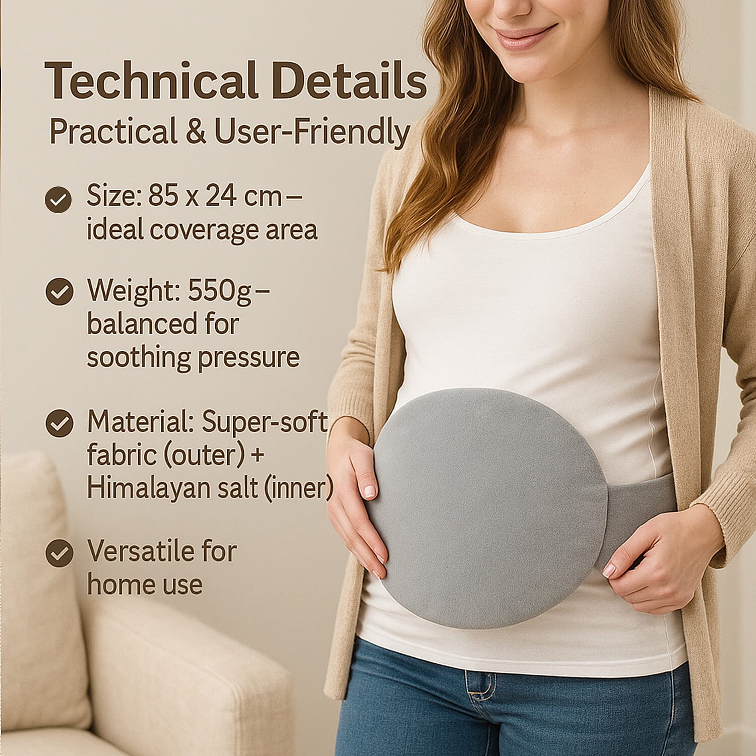 Microwavable and Freezable Himalayan Salt Belly Wrap - Light Grey