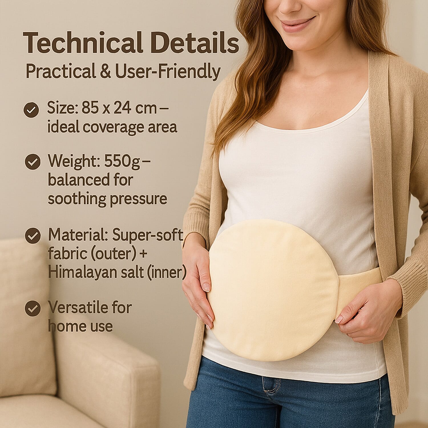 Microwavable and Freezable Himalayan Salt Belly Wrap - White Cream