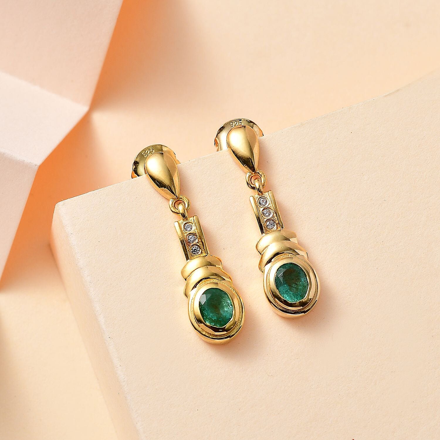 AAA Gemfields Emerald & Natural Zircon Dangle Earrings in 18K Gold Vermeil Sterling Silver