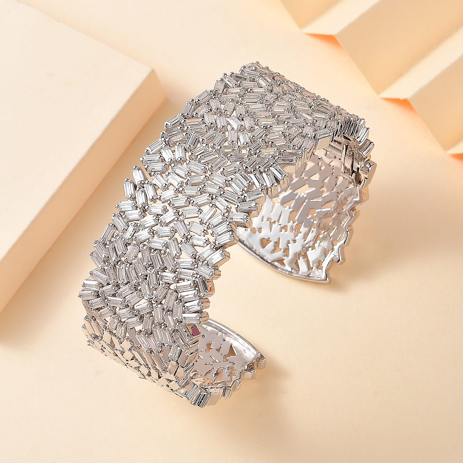 Limited Edition Designer Inspired - Moissanite Cuff Size (7.5) in Platinum Overlay Sterling Silver 22.82 Ct, Silver Wt. 56.19 Gms