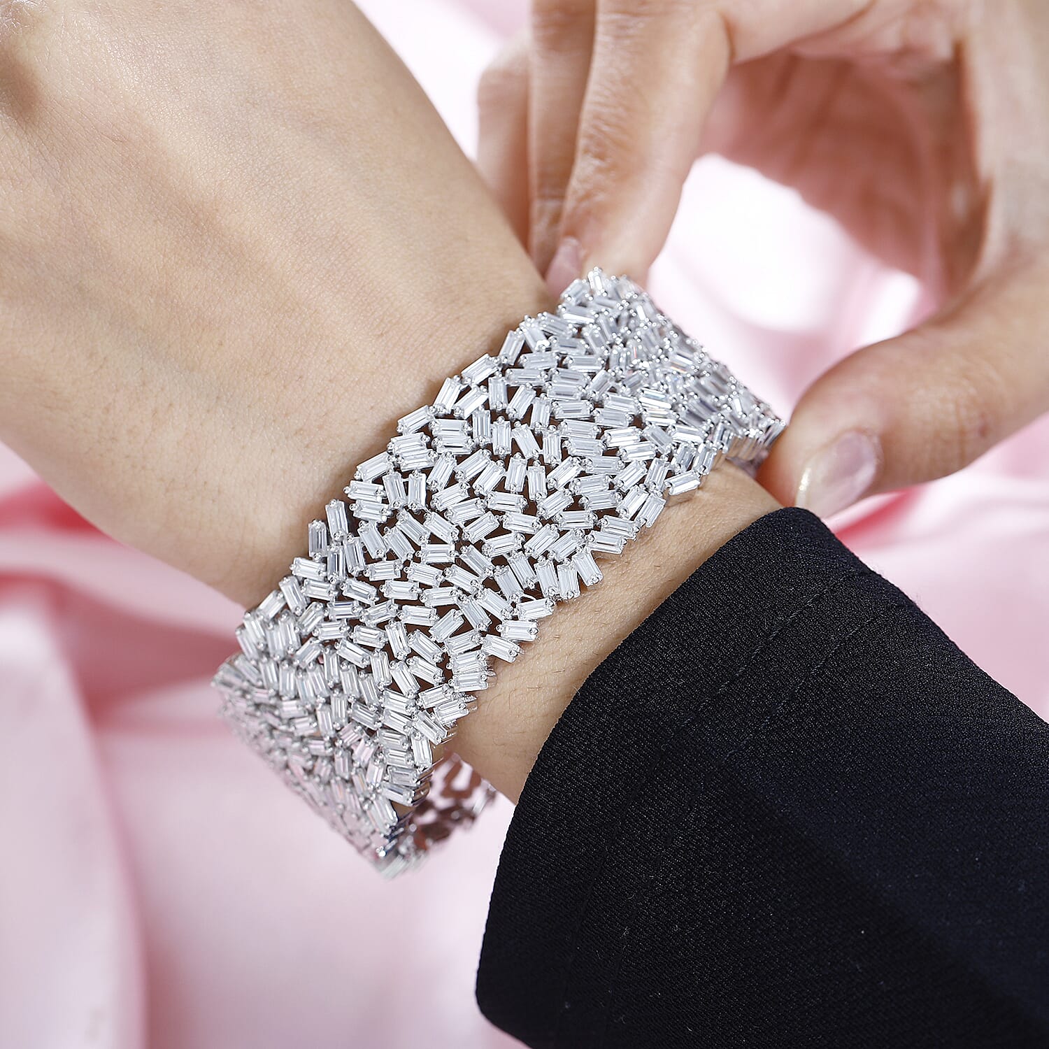 Limited Edition Designer Inspired - Moissanite Cuff Size (7.5) in Platinum Overlay Sterling Silver 22.82 Ct, Silver Wt. 56.19 Gms