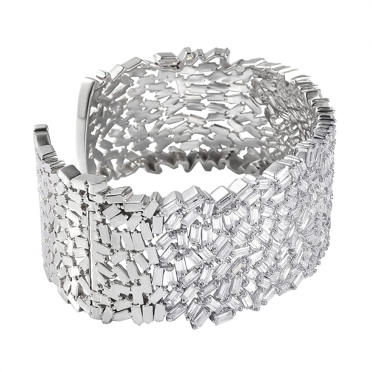 Limited Edition Designer Inspired - Moissanite Cuff Size (7.5) in Platinum Overlay Sterling Silver 22.82 Ct, Silver Wt. 56.19 Gms