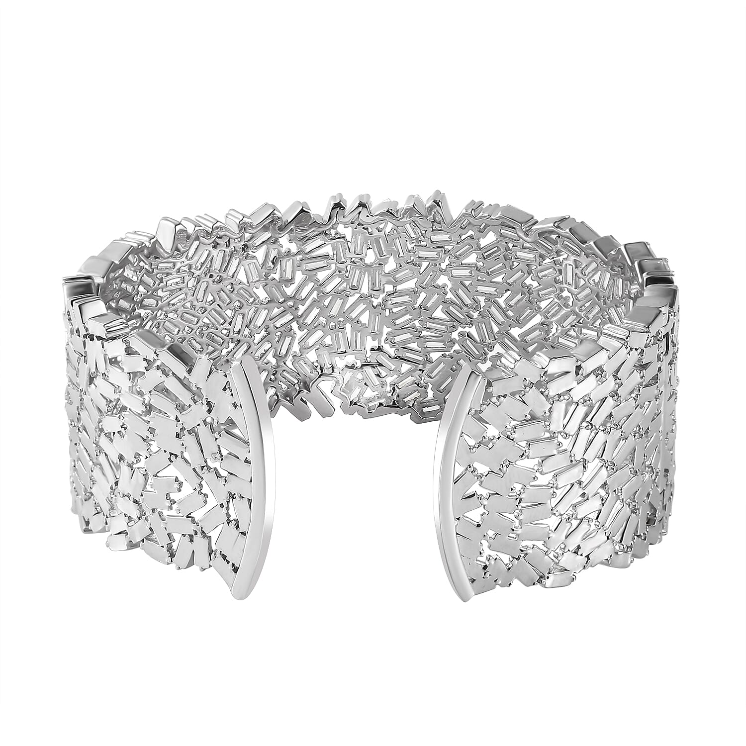 Limited Edition Designer Inspired - Moissanite Cuff Size (7.5) in Platinum Overlay Sterling Silver 22.82 Ct, Silver Wt. 56.19 Gms