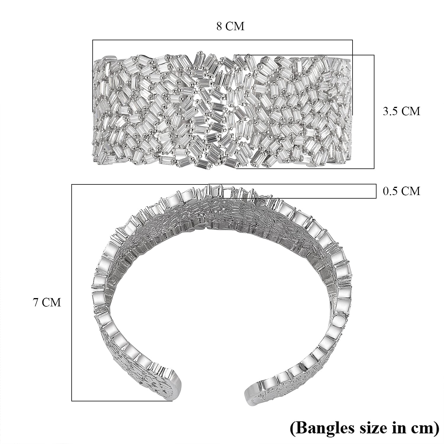 Limited Edition Designer Inspired - Moissanite Cuff Size (7.5) in Platinum Overlay Sterling Silver 22.82 Ct, Silver Wt. 56.19 Gms