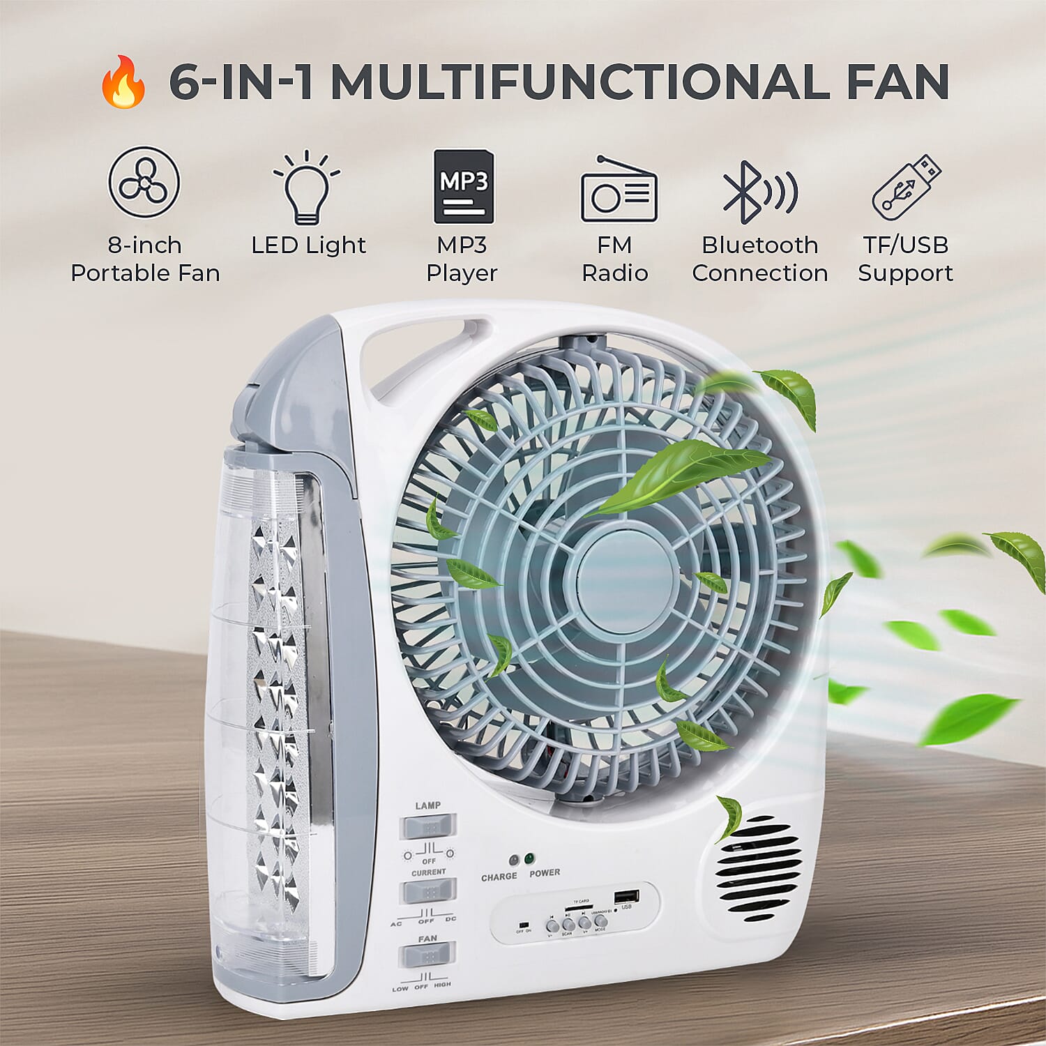 Rechargeable 6 in 1 Solar Fan (Inc. FM Radio, Bluetooth, MP3 Player - Many More) - White - Grey Rechargeable 6 in 1 Solar Fan (Inc. FM Radio, Bluetooth, MP3 Player - Many More) - White - Grey