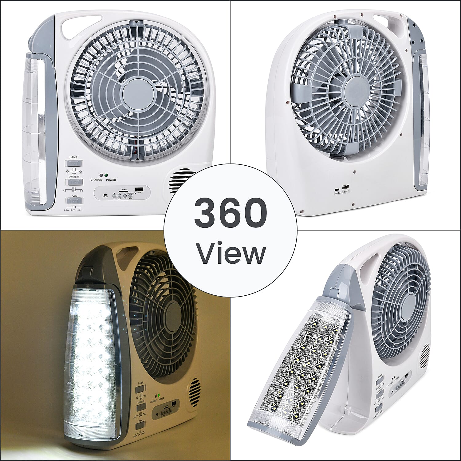 Rechargeable 6 in 1 Solar Fan (Inc. FM Radio, Bluetooth, MP3 Player - Many More) - White - Grey Rechargeable 6 in 1 Solar Fan (Inc. FM Radio, Bluetooth, MP3 Player - Many More) - White - Grey