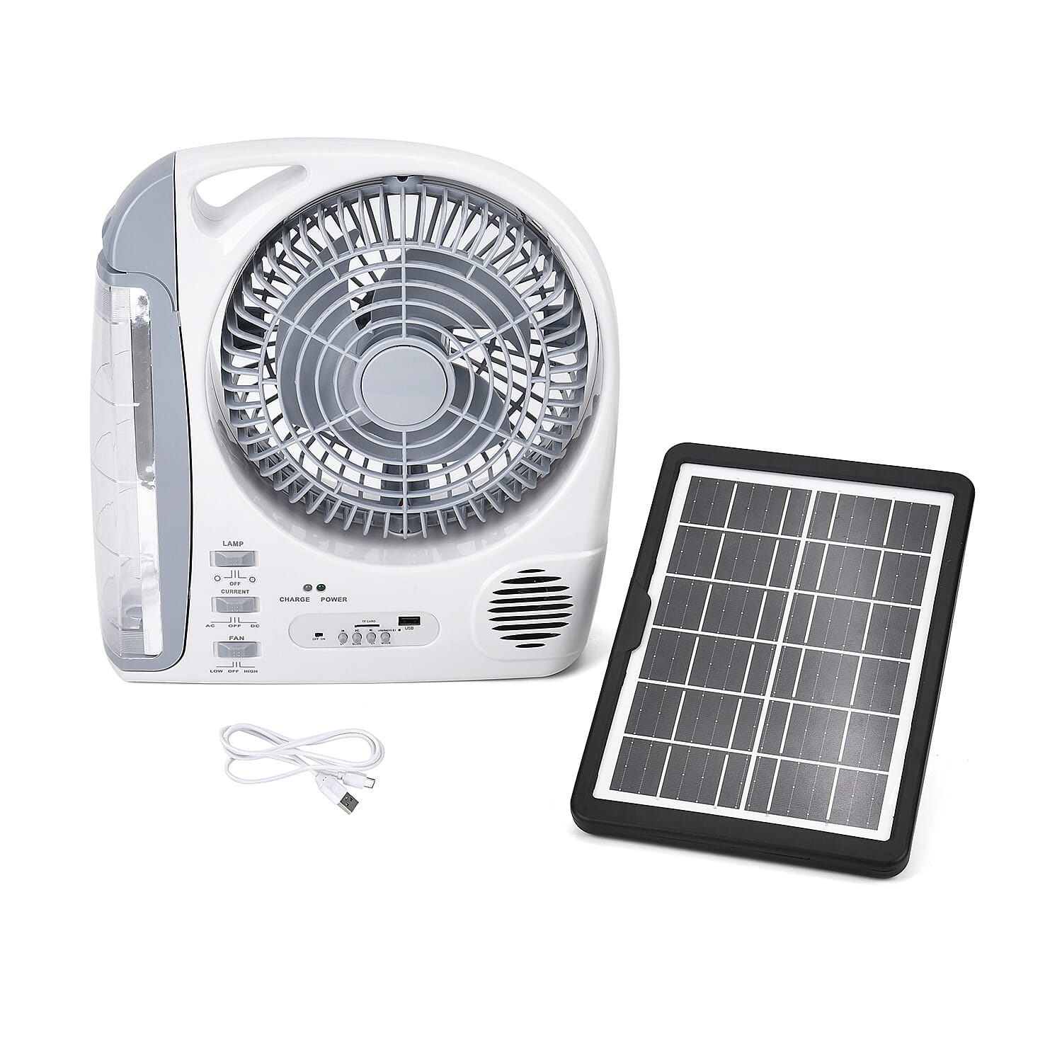 Rechargeable 6 in 1 Fan with LED lamp with Rechargable Solar, FM Radio, bluetooth,USB , 2 speed, 24 LED lights - White- grey