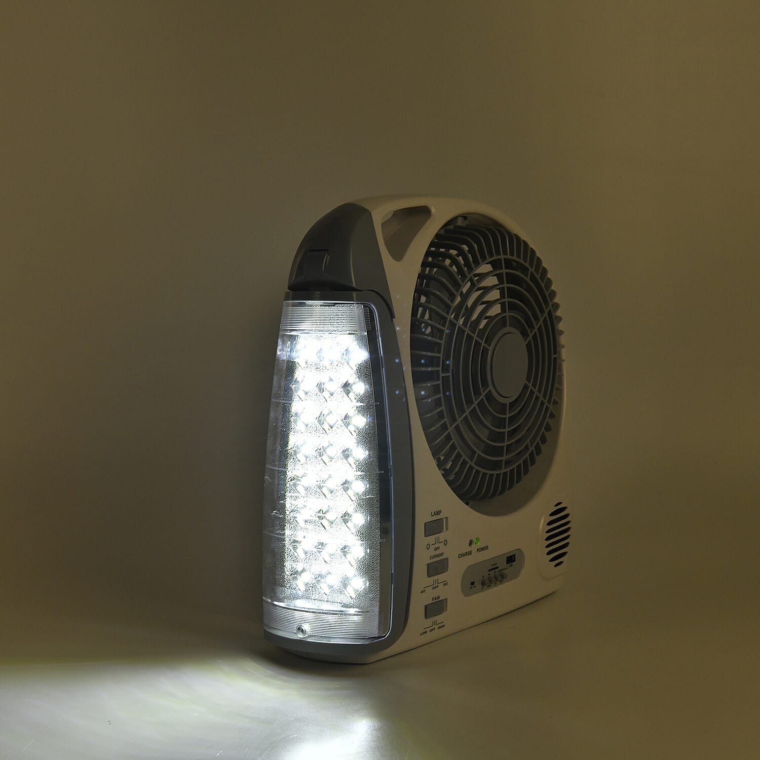 Rechargeable 6 in 1 Fan with LED lamp with Rechargable Solar, FM Radio, bluetooth,USB , 2 speed, 24 LED lights - White- grey