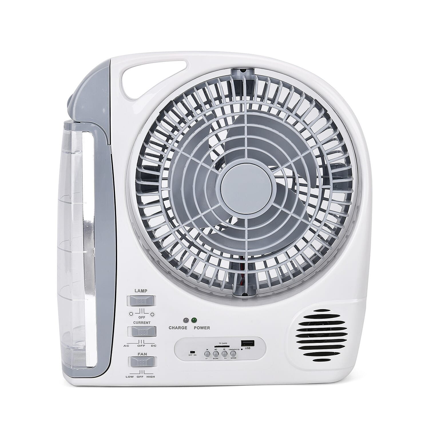 Rechargeable 6 in 1 Fan with LED lamp with Rechargable Solar, FM Radio, bluetooth,USB , 2 speed, 24 LED lights - White- grey