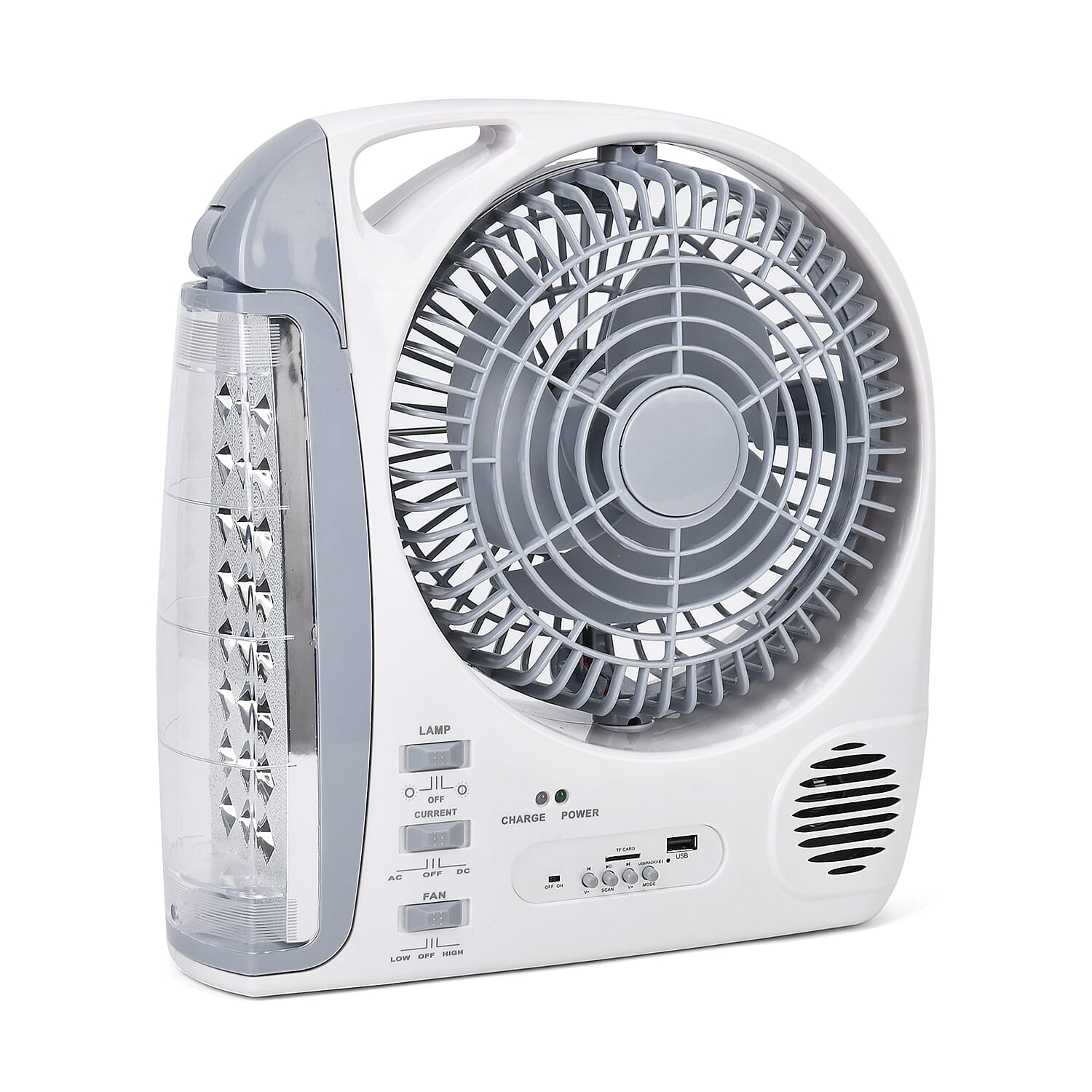 Rechargeable 6 in 1 Fan with LED lamp with Rechargable Solar, FM Radio, bluetooth,USB , 2 speed, 24 LED lights - White- grey