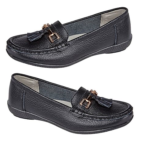 Jo & Joe Nautical Womens Slip on Casual Leather Loafer with Tassle (Size 3) - Black