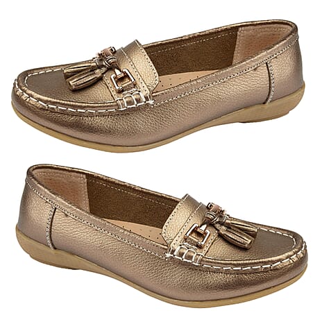 Jo & Joe Nautical Womens Slip on Casual Leather Loafer with Tassle  (Size 4) - Bronze