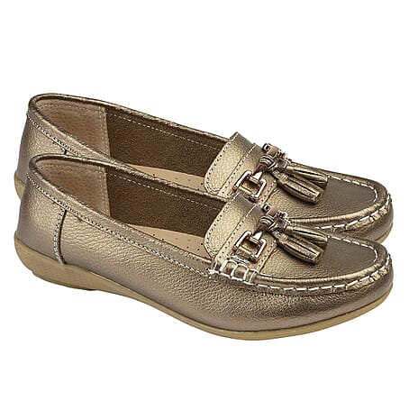 Jo & Joe Nautical Womens Slip on Casual Leather Loafer with Tassle  (Size 4) - Bronze