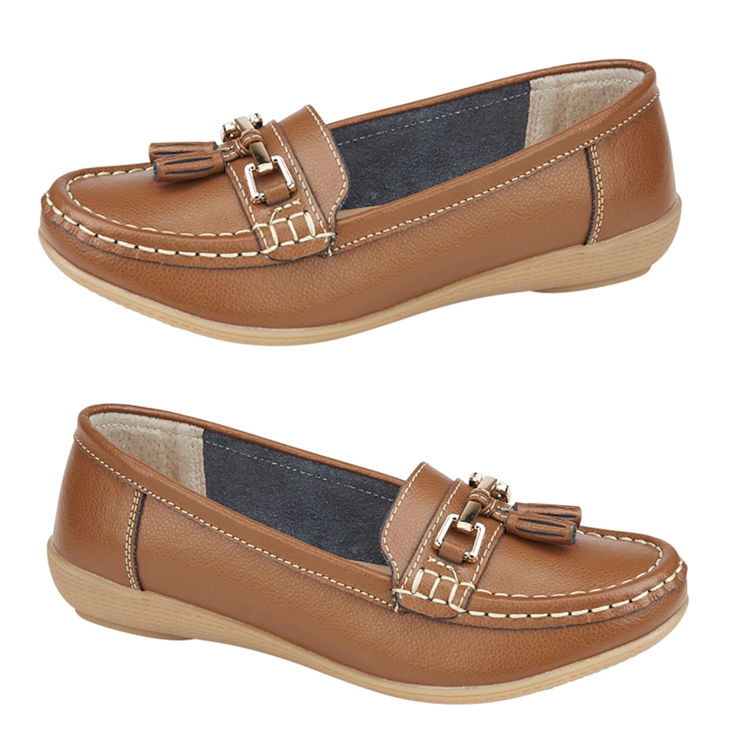 Jo & Joe Nautical Womens Slip on Casual Leather Loafer with Tassle (Size 5) - Tan