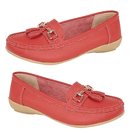 Jo & Joe Nautical Womens Slip on Casual Leather Loafer with Tassel(Size 7) - Dark Red