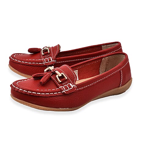 Jo & Joe Nautical Womens Slip on Casual Leather Loafer with Tassel(Size 7) - Dark Red