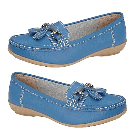 Jo & Joe Nautical Womens Slip on Casual Leather Loafer with Tassle (Size 8) - Blue