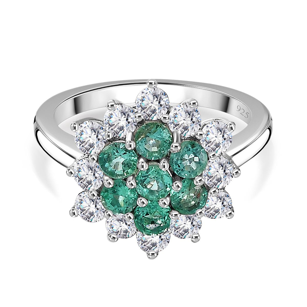 AAA Gemfields Emerald & Moissanite Cluster Ring in Platinum Overlay Sterling Silver 1.17 Ct
