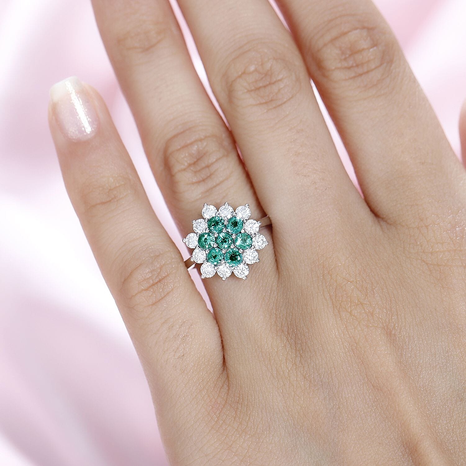 AAA Gemfields Emerald & Moissanite Cluster Ring in Platinum Overlay Sterling Silver 1.17 Ct