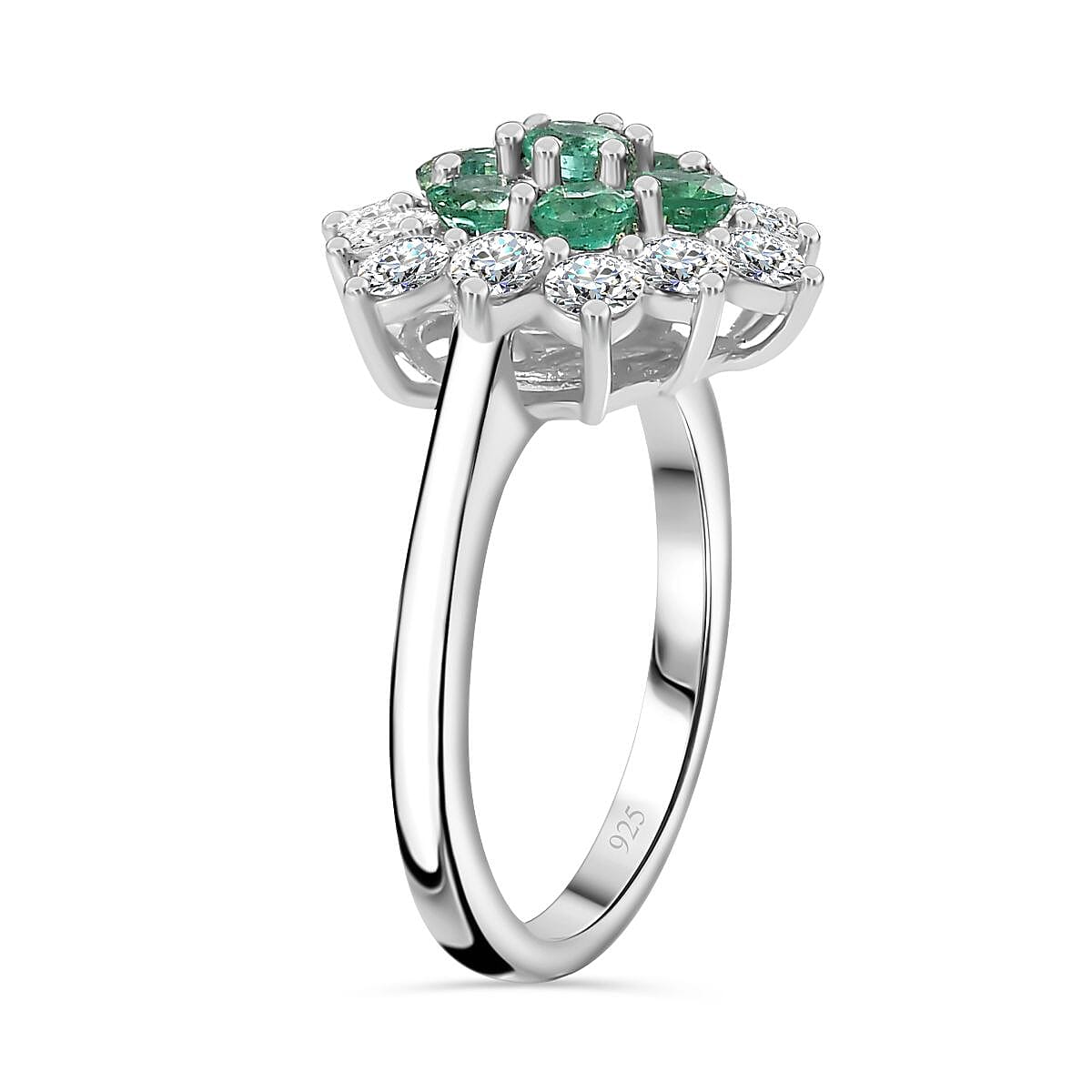 AAA Gemfields Emerald & Moissanite Cluster Ring in Platinum Overlay Sterling Silver 1.17 Ct