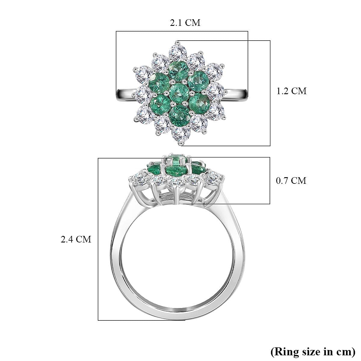 AAA Gemfields Emerald & Moissanite Cluster Ring in Platinum Overlay Sterling Silver 1.17 Ct