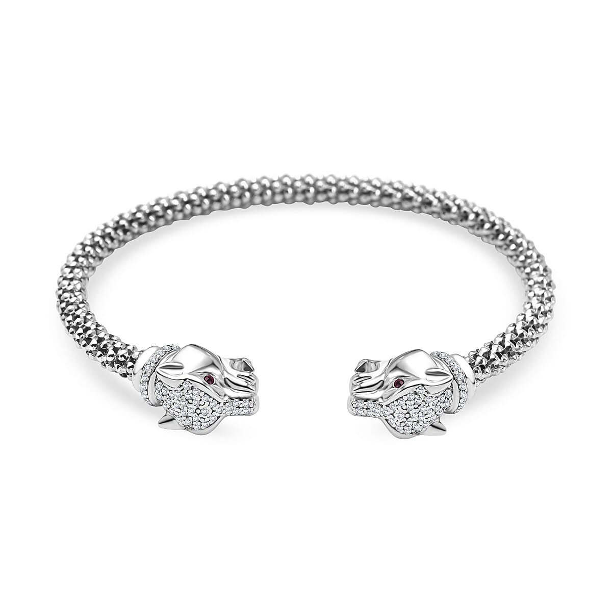 Lustro Stella - Ruby & White Cubic Zirconia Popcorn Double Dragon Head Bangle in Sterling Silver