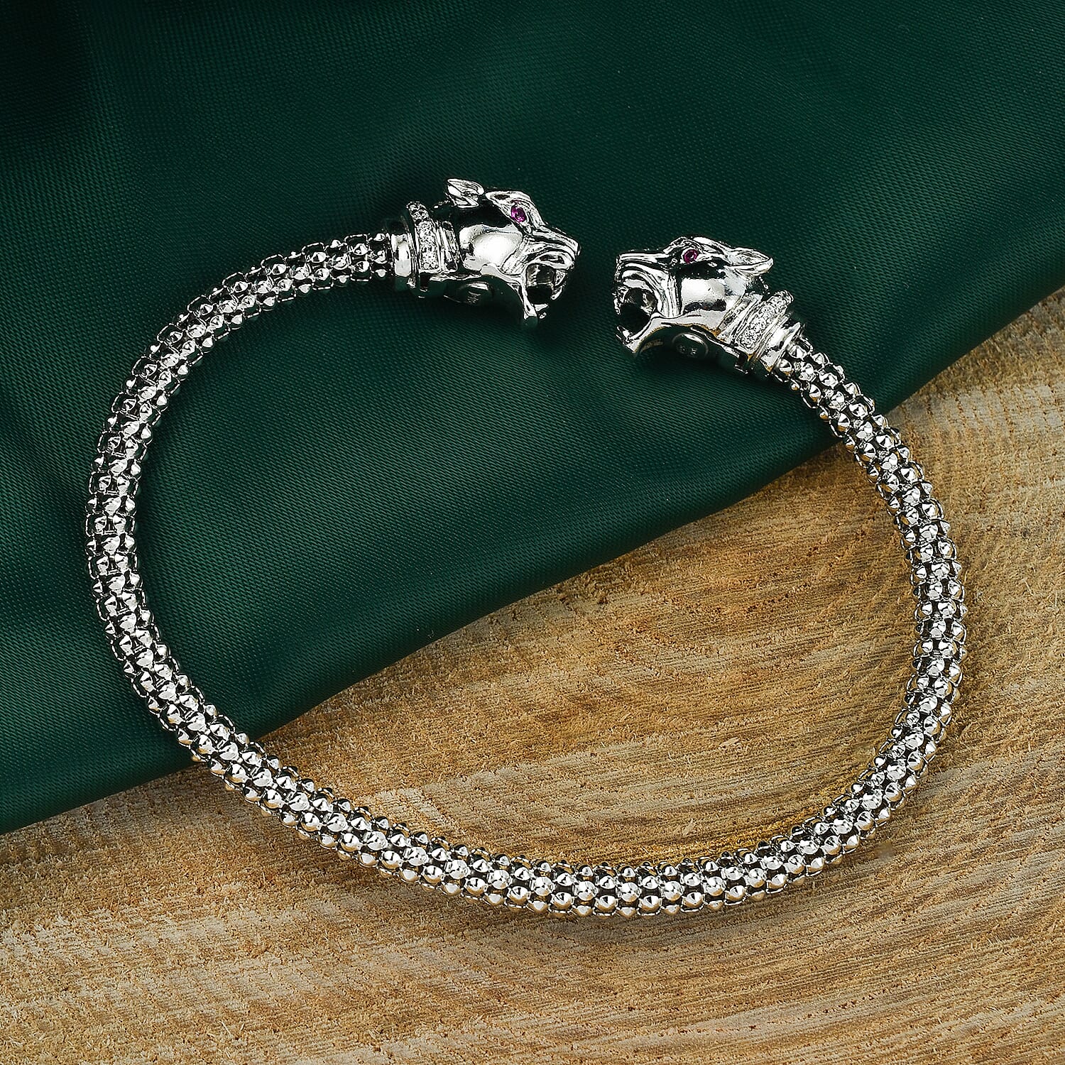 Lustro Stella - Ruby & White Cubic Zirconia Popcorn Double Dragon Head Bangle in Sterling Silver