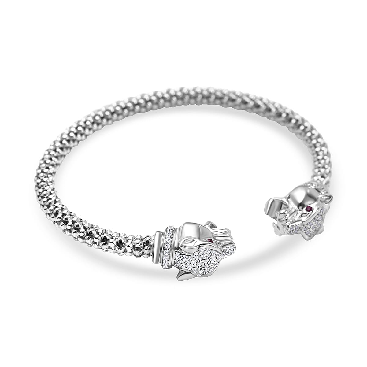 Lustro Stella - Ruby & White Cubic Zirconia Popcorn Double Dragon Head Bangle in Sterling Silver