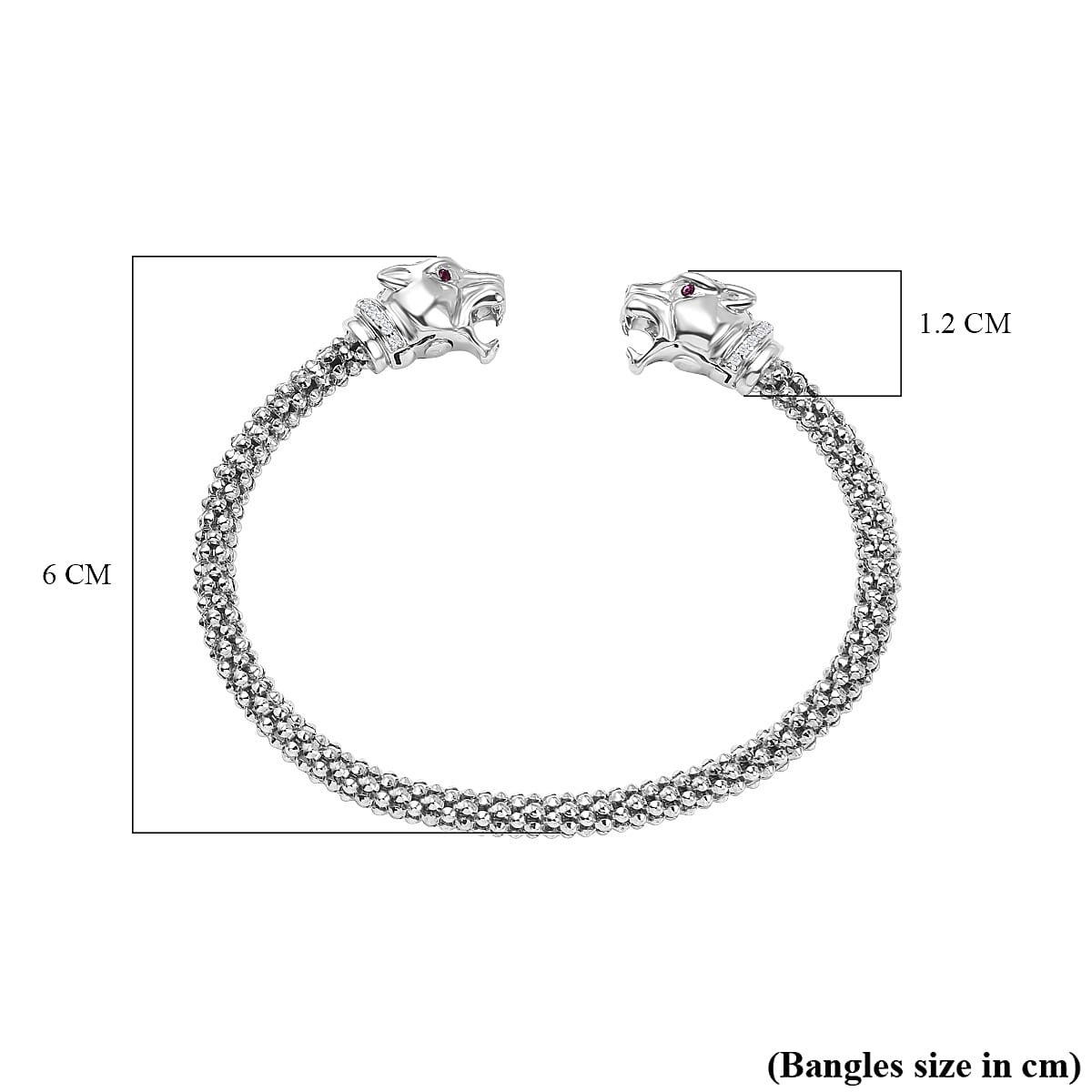 Lustro Stella - Ruby & White Cubic Zirconia Popcorn Double Dragon Head Bangle in Sterling Silver