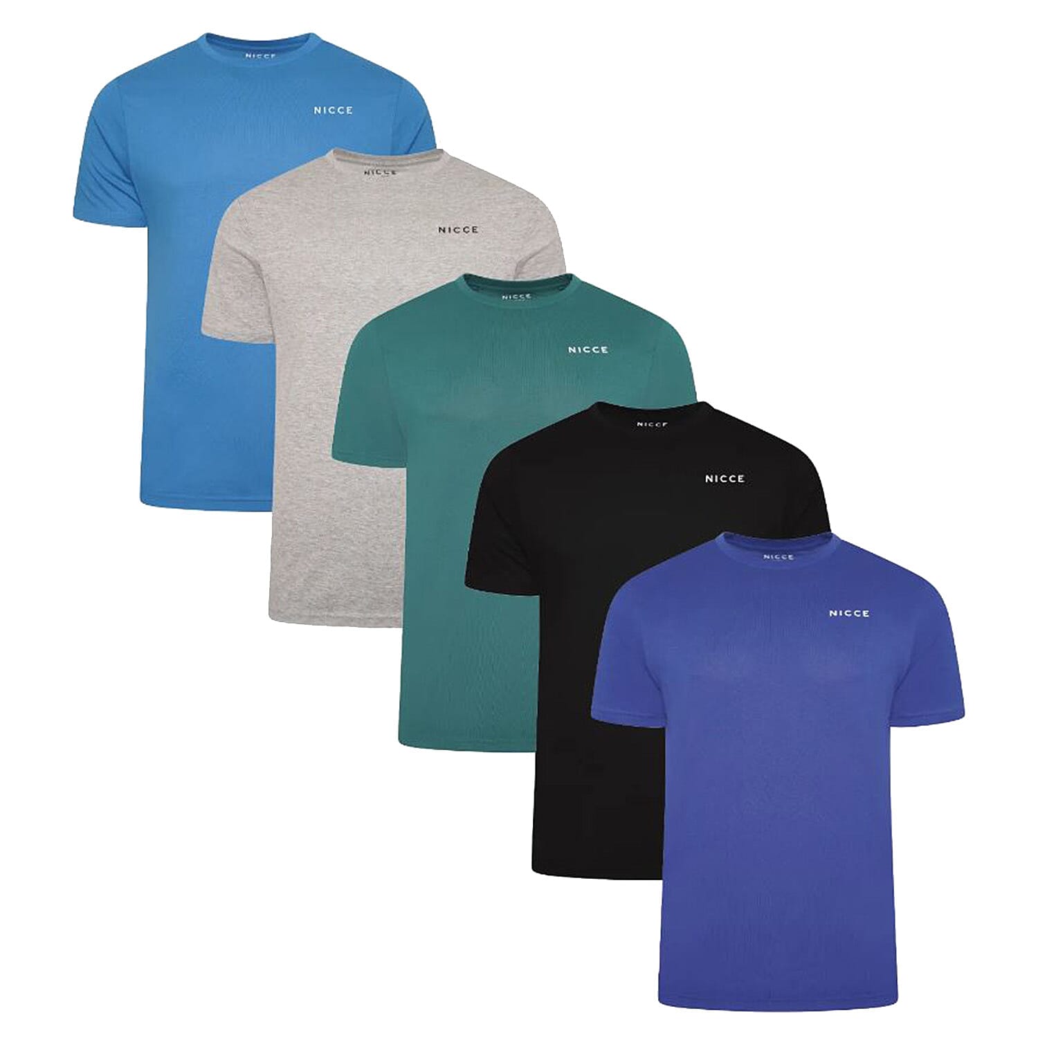 Set of 5 NICCE 100% Cotton Tee (Size L) - Teal, Black, Grey, Green & Cobalt