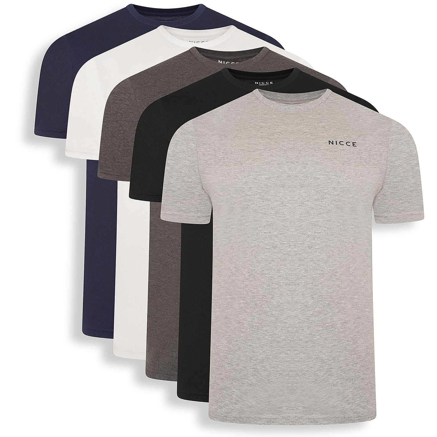 NICCE 100% Cotton Mens 5 Pack T-Shirt (Size M - 39-40 inch chest) - Black, Light Grey, Royal Blue, White, Dark Grey