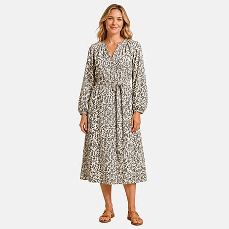 Ikat Print Elasticated Cuff Sleeve Dress with Bottom Slit (Size L, 16-18) - Black