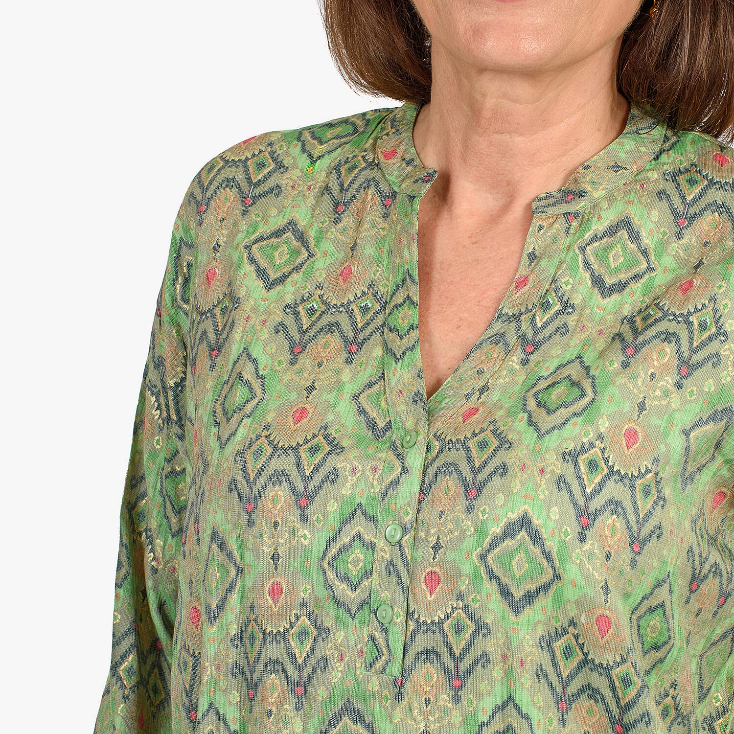 Adonai - Womens Viscose Ikat Print Woven Blouse (Size L) - Green