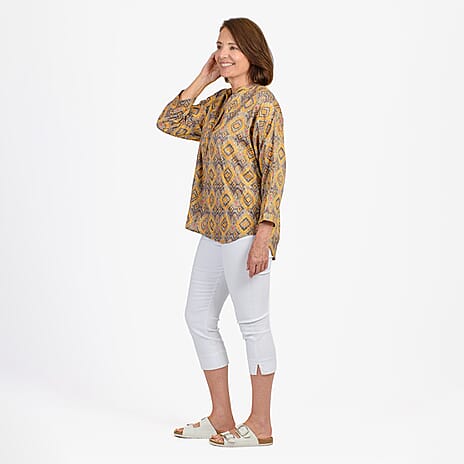 Adonai - Womens Viscose Ikat Print Woven Blouse (Size M) - Yellow